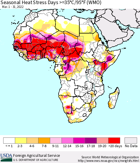 Africa Seasonal Heat Stress Days >=35°C/95°F (WMO) Thematic Map For 3/1/2022 - 3/31/2022