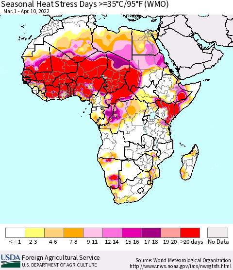 Africa Seasonal Heat Stress Days >=35°C/95°F (WMO) Thematic Map For 3/1/2022 - 4/10/2022