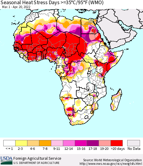 Africa Seasonal Heat Stress Days >=35°C/95°F (WMO) Thematic Map For 3/1/2022 - 4/20/2022