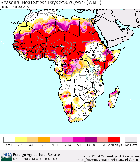 Africa Seasonal Heat Stress Days >=35°C/95°F (WMO) Thematic Map For 3/1/2022 - 4/30/2022