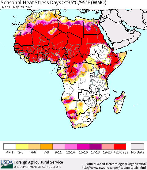 Africa Seasonal Heat Stress Days >=35°C/95°F (WMO) Thematic Map For 3/1/2022 - 5/20/2022