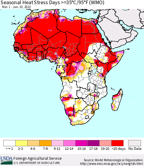 Africa Seasonal Heat Stress Days >=35°C/95°F (WMO) Thematic Map For 3/1/2022 - 6/10/2022
