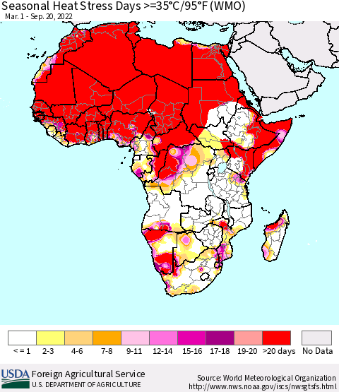 Africa Seasonal Heat Stress Days >=35°C/95°F (WMO) Thematic Map For 3/1/2022 - 9/20/2022