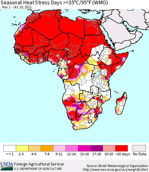 Africa Seasonal Heat Stress Days >=35°C/95°F (WMO) Thematic Map For 3/1/2022 - 10/10/2022