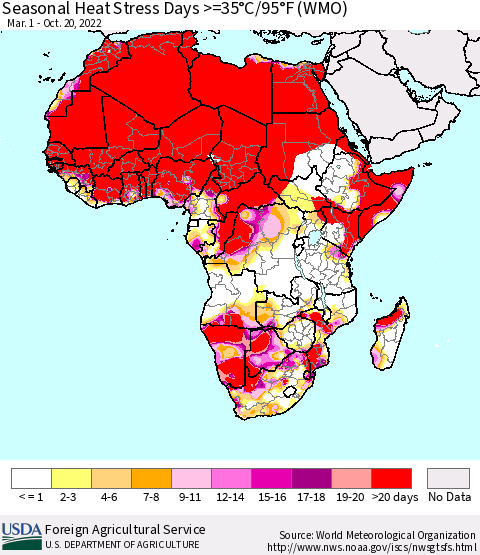 Africa Seasonal Heat Stress Days >=35°C/95°F (WMO) Thematic Map For 3/1/2022 - 10/20/2022
