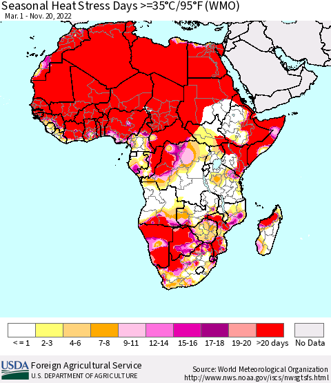 Africa Seasonal Heat Stress Days >=35°C/95°F (WMO) Thematic Map For 3/1/2022 - 11/20/2022