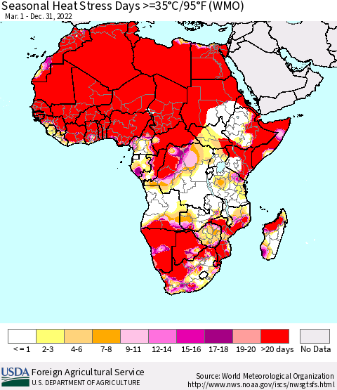 Africa Seasonal Heat Stress Days >=35°C/95°F (WMO) Thematic Map For 3/1/2022 - 12/31/2022