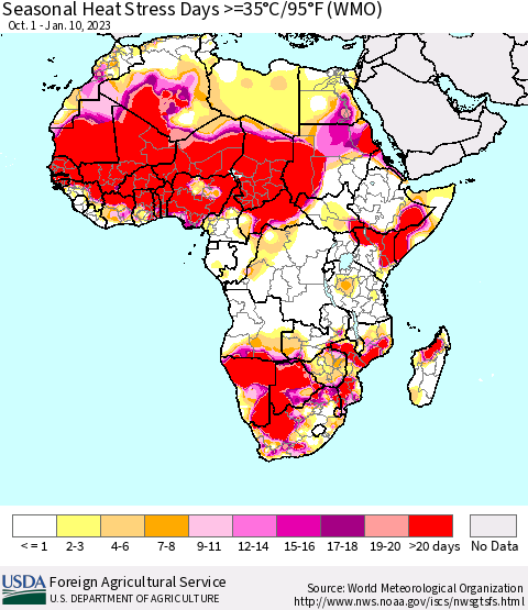 Africa Seasonal Heat Stress Days >=35°C/95°F (WMO) Thematic Map For 10/1/2022 - 1/10/2023