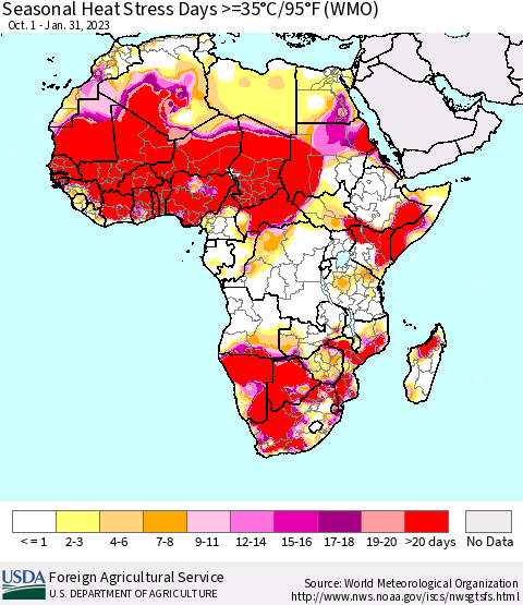 Africa Seasonal Heat Stress Days >=35°C/95°F (WMO) Thematic Map For 10/1/2022 - 1/31/2023