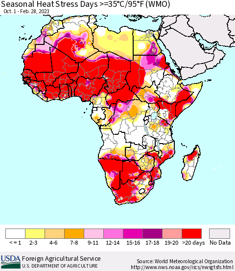 Africa Seasonal Heat Stress Days >=35°C/95°F (WMO) Thematic Map For 10/1/2022 - 2/28/2023