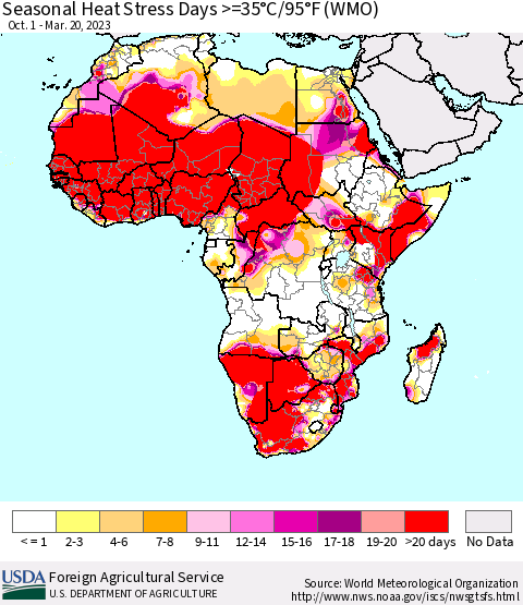 Africa Seasonal Heat Stress Days >=35°C/95°F (WMO) Thematic Map For 10/1/2022 - 3/20/2023