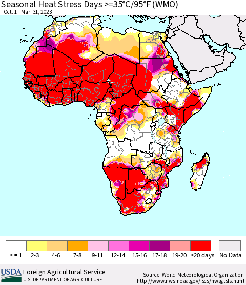 Africa Seasonal Heat Stress Days >=35°C/95°F (WMO) Thematic Map For 10/1/2022 - 3/31/2023