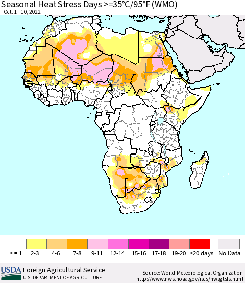 Africa Seasonal Heat Stress Days >=35°C/95°F (WMO) Thematic Map For 10/1/2022 - 10/10/2022