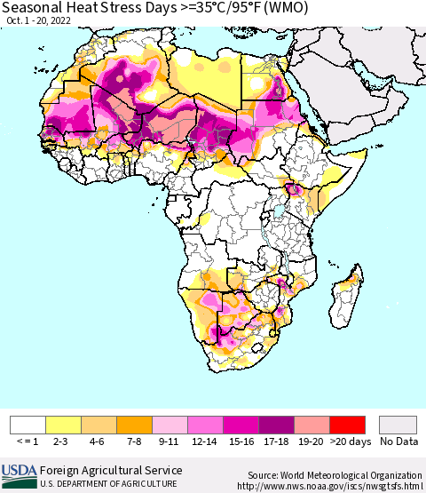 Africa Seasonal Heat Stress Days >=35°C/95°F (WMO) Thematic Map For 10/1/2022 - 10/20/2022