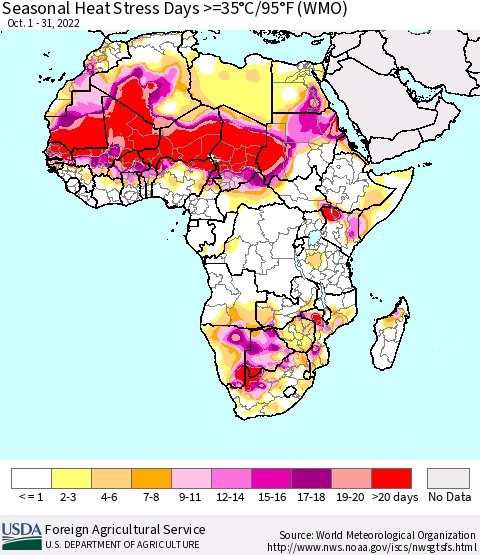 Africa Seasonal Heat Stress Days >=35°C/95°F (WMO) Thematic Map For 10/1/2022 - 10/31/2022