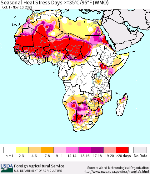 Africa Seasonal Heat Stress Days >=35°C/95°F (WMO) Thematic Map For 10/1/2022 - 11/10/2022