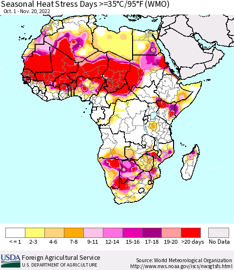 Africa Seasonal Heat Stress Days >=35°C/95°F (WMO) Thematic Map For 10/1/2022 - 11/20/2022
