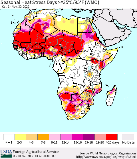Africa Seasonal Heat Stress Days >=35°C/95°F (WMO) Thematic Map For 10/1/2022 - 11/30/2022