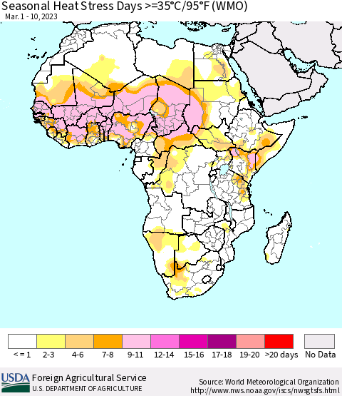 Africa Seasonal Heat Stress Days >=35°C/95°F (WMO) Thematic Map For 3/1/2023 - 3/10/2023