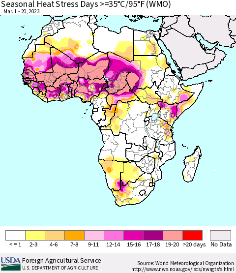 Africa Seasonal Heat Stress Days >=35°C/95°F (WMO) Thematic Map For 3/1/2023 - 3/20/2023