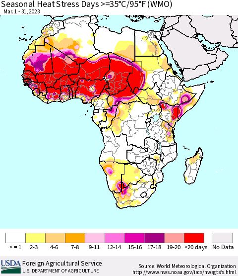 Africa Seasonal Heat Stress Days >=35°C/95°F (WMO) Thematic Map For 3/1/2023 - 3/31/2023