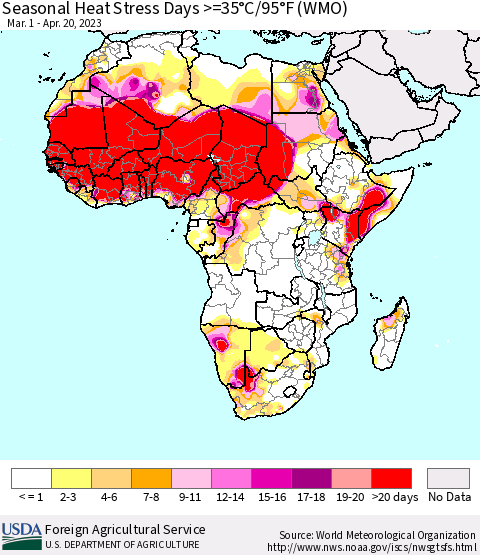 Africa Seasonal Heat Stress Days >=35°C/95°F (WMO) Thematic Map For 3/1/2023 - 4/20/2023