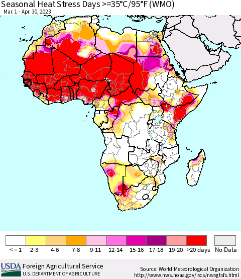 Africa Seasonal Heat Stress Days >=35°C/95°F (WMO) Thematic Map For 3/1/2023 - 4/30/2023