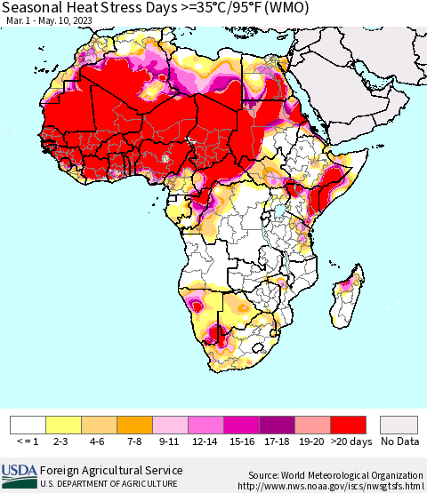 Africa Seasonal Heat Stress Days >=35°C/95°F (WMO) Thematic Map For 3/1/2023 - 5/10/2023