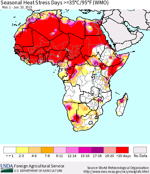 Africa Seasonal Heat Stress Days >=35°C/95°F (WMO) Thematic Map For 3/1/2023 - 6/10/2023