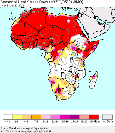 Africa Seasonal Heat Stress Days >=35°C/95°F (WMO) Thematic Map For 3/1/2023 - 7/10/2023