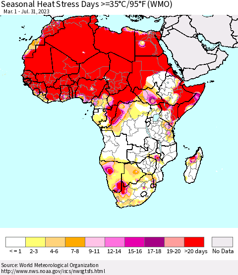 Africa Seasonal Heat Stress Days >=35°C/95°F (WMO) Thematic Map For 3/1/2023 - 7/31/2023