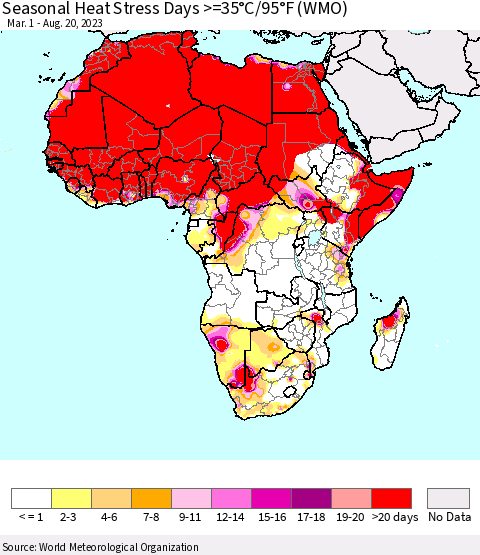 Africa Seasonal Heat Stress Days >=35°C/95°F (WMO) Thematic Map For 3/1/2023 - 8/20/2023