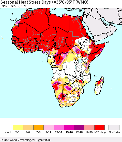 Africa Seasonal Heat Stress Days >=35°C/95°F (WMO) Thematic Map For 3/1/2023 - 9/10/2023