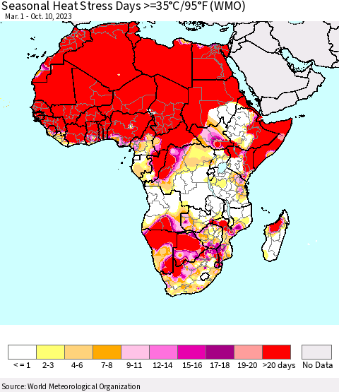 Africa Seasonal Heat Stress Days >=35°C/95°F (WMO) Thematic Map For 3/1/2023 - 10/10/2023