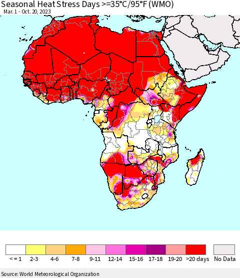 Africa Seasonal Heat Stress Days >=35°C/95°F (WMO) Thematic Map For 3/1/2023 - 10/20/2023