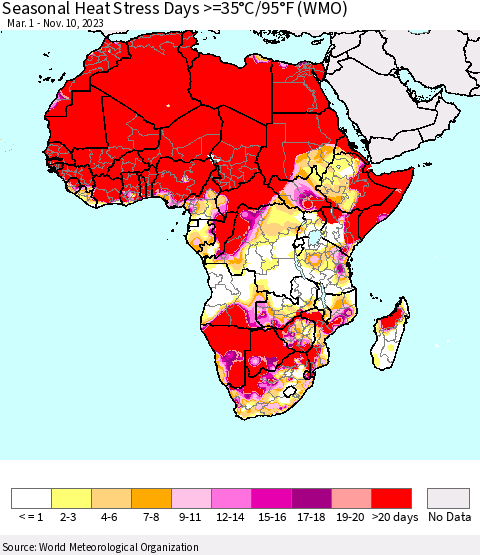 Africa Seasonal Heat Stress Days >=35°C/95°F (WMO) Thematic Map For 3/1/2023 - 11/10/2023