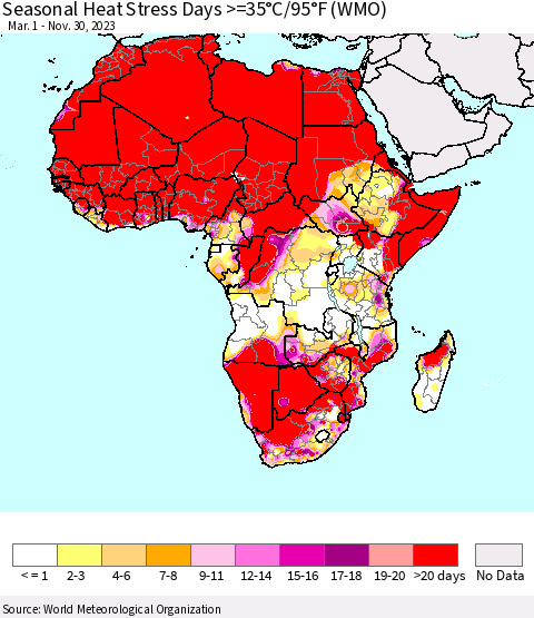 Africa Seasonal Heat Stress Days >=35°C/95°F (WMO) Thematic Map For 3/1/2023 - 11/30/2023