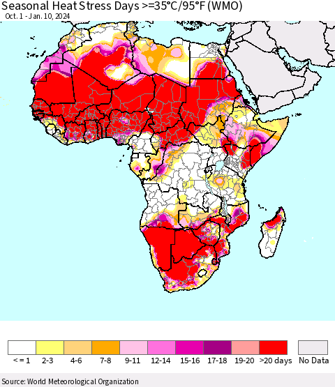 Africa Seasonal Heat Stress Days >=35°C/95°F (WMO) Thematic Map For 10/1/2023 - 1/10/2024