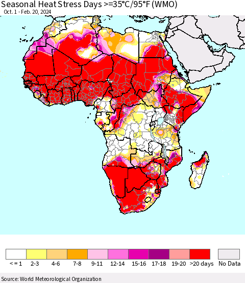 Africa Seasonal Heat Stress Days >=35°C/95°F (WMO) Thematic Map For 10/1/2023 - 2/20/2024