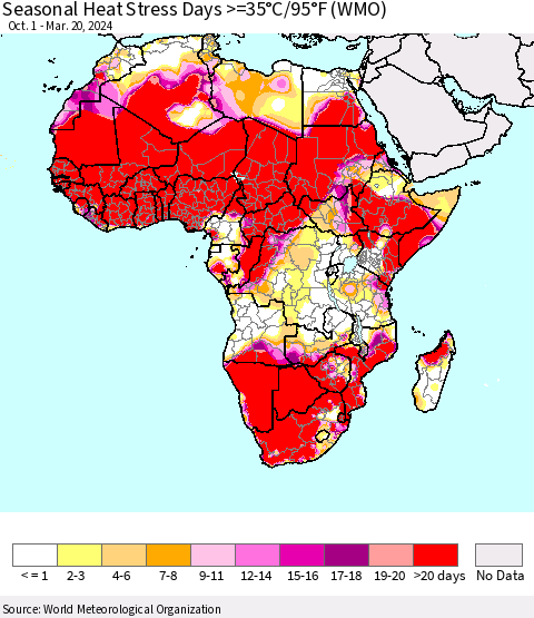 Africa Seasonal Heat Stress Days >=35°C/95°F (WMO) Thematic Map For 10/1/2023 - 3/20/2024