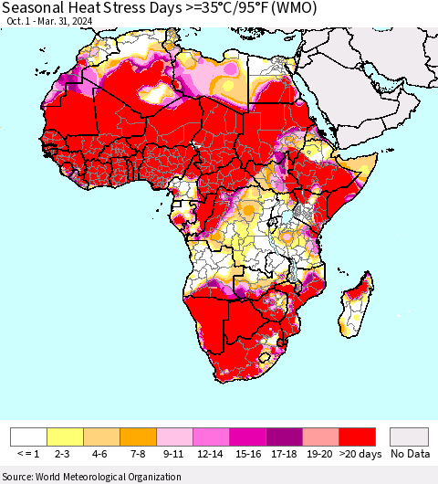 Africa Seasonal Heat Stress Days >=35°C/95°F (WMO) Thematic Map For 10/1/2023 - 3/31/2024