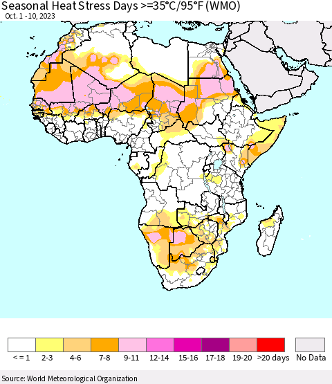Africa Seasonal Heat Stress Days >=35°C/95°F (WMO) Thematic Map For 10/1/2023 - 10/10/2023