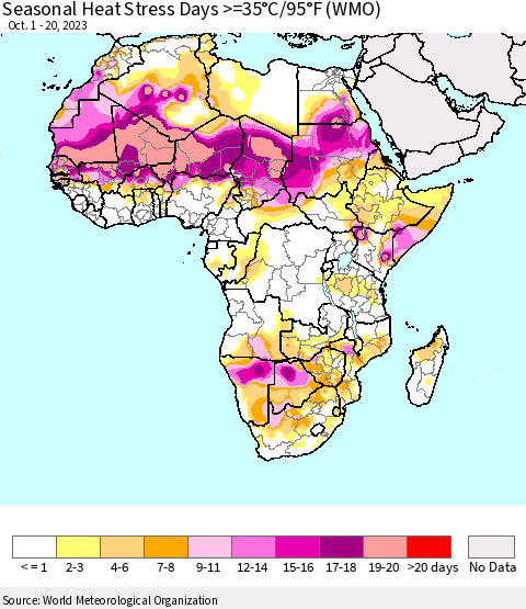 Africa Seasonal Heat Stress Days >=35°C/95°F (WMO) Thematic Map For 10/1/2023 - 10/20/2023