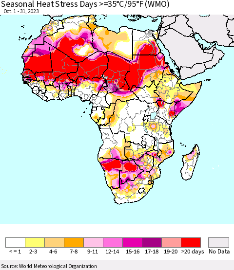 Africa Seasonal Heat Stress Days >=35°C/95°F (WMO) Thematic Map For 10/1/2023 - 10/31/2023