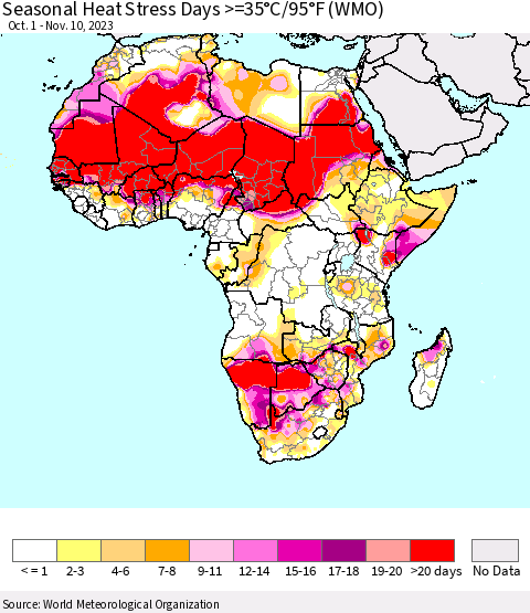 Africa Seasonal Heat Stress Days >=35°C/95°F (WMO) Thematic Map For 10/1/2023 - 11/10/2023