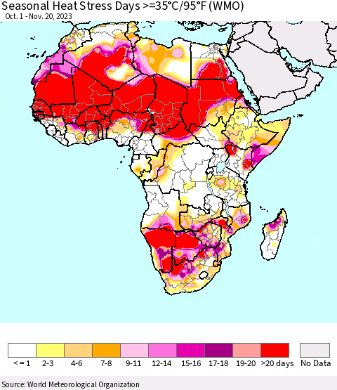 Africa Seasonal Heat Stress Days >=35°C/95°F (WMO) Thematic Map For 10/1/2023 - 11/20/2023