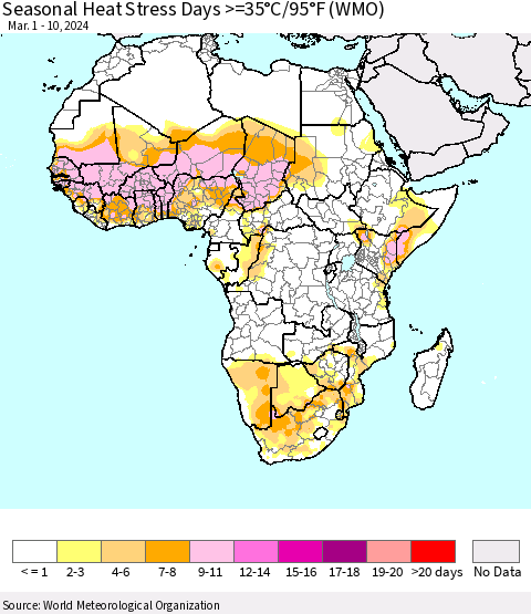 Africa Seasonal Heat Stress Days >=35°C/95°F (WMO) Thematic Map For 3/1/2024 - 3/10/2024