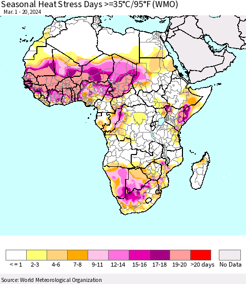Africa Seasonal Heat Stress Days >=35°C/95°F (WMO) Thematic Map For 3/1/2024 - 3/20/2024