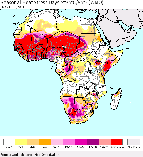 Africa Seasonal Heat Stress Days >=35°C/95°F (WMO) Thematic Map For 3/1/2024 - 3/31/2024