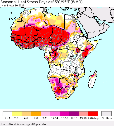 Africa Seasonal Heat Stress Days >=35°C/95°F (WMO) Thematic Map For 3/1/2024 - 4/10/2024